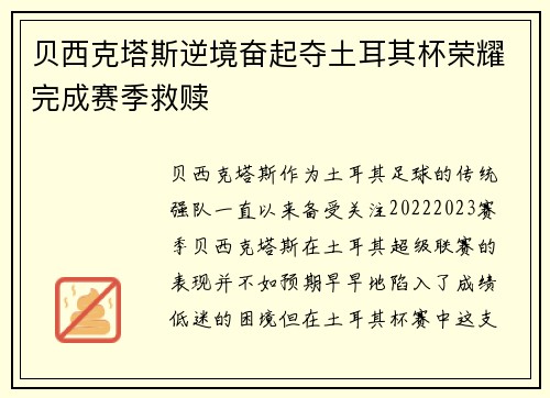 贝西克塔斯逆境奋起夺土耳其杯荣耀完成赛季救赎
