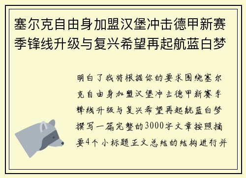 塞尔克自由身加盟汉堡冲击德甲新赛季锋线升级与复兴希望再起航蓝白梦